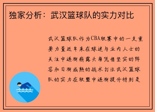 独家分析：武汉篮球队的实力对比