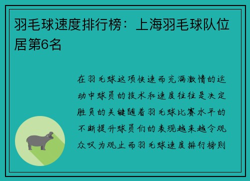 羽毛球速度排行榜：上海羽毛球队位居第6名