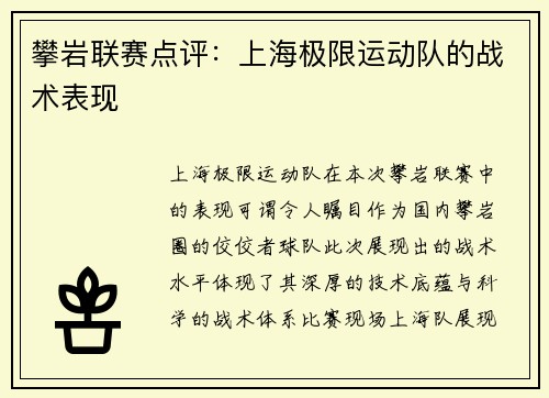 攀岩联赛点评：上海极限运动队的战术表现