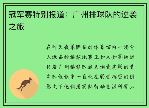 冠军赛特别报道：广州排球队的逆袭之旅