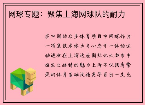 网球专题：聚焦上海网球队的耐力