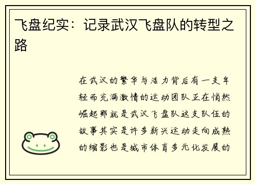 飞盘纪实：记录武汉飞盘队的转型之路