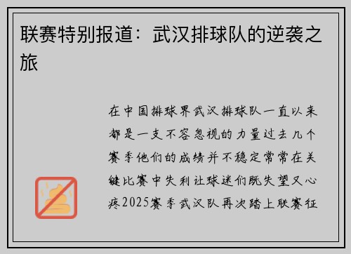 联赛特别报道：武汉排球队的逆袭之旅