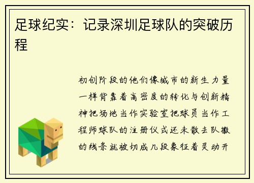 足球纪实：记录深圳足球队的突破历程