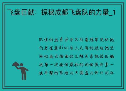 飞盘巨献：探秘成都飞盘队的力量_1